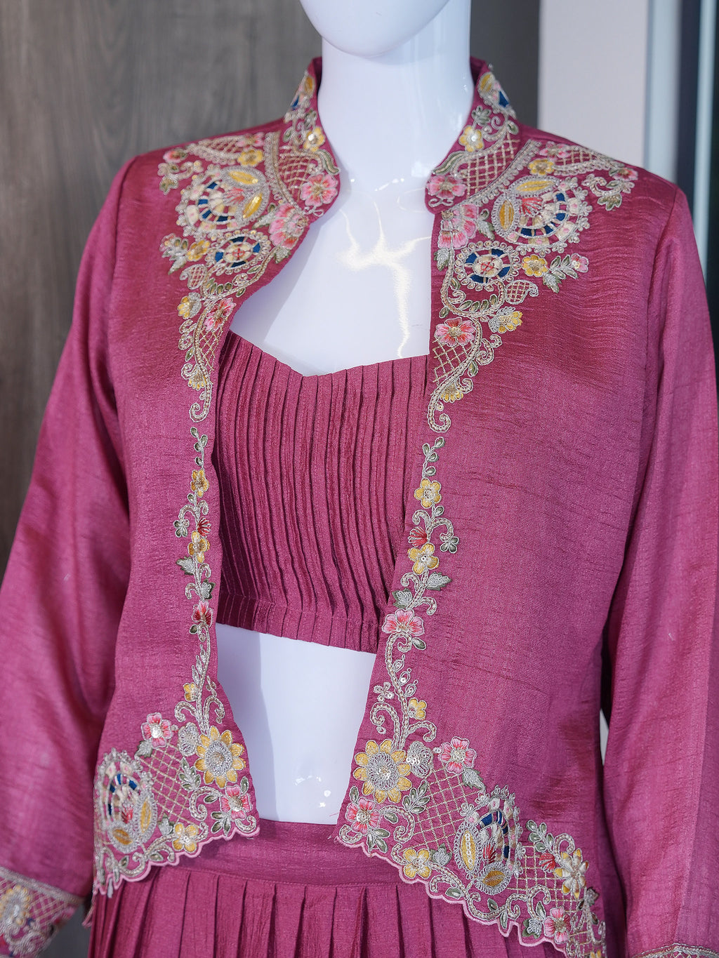 Festive Fusion Opulence: Premium Zazu Silk Embroidered Jacket Lehenga Set with 3-Meter Flair