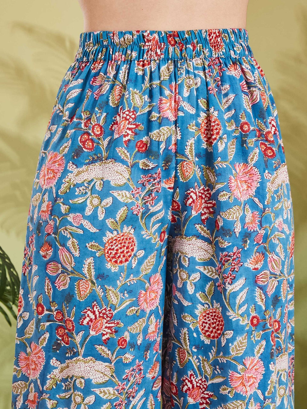 Women HandBlock Print Pure Cotton Sky Blue A-Line Kurta with Palazzo Set