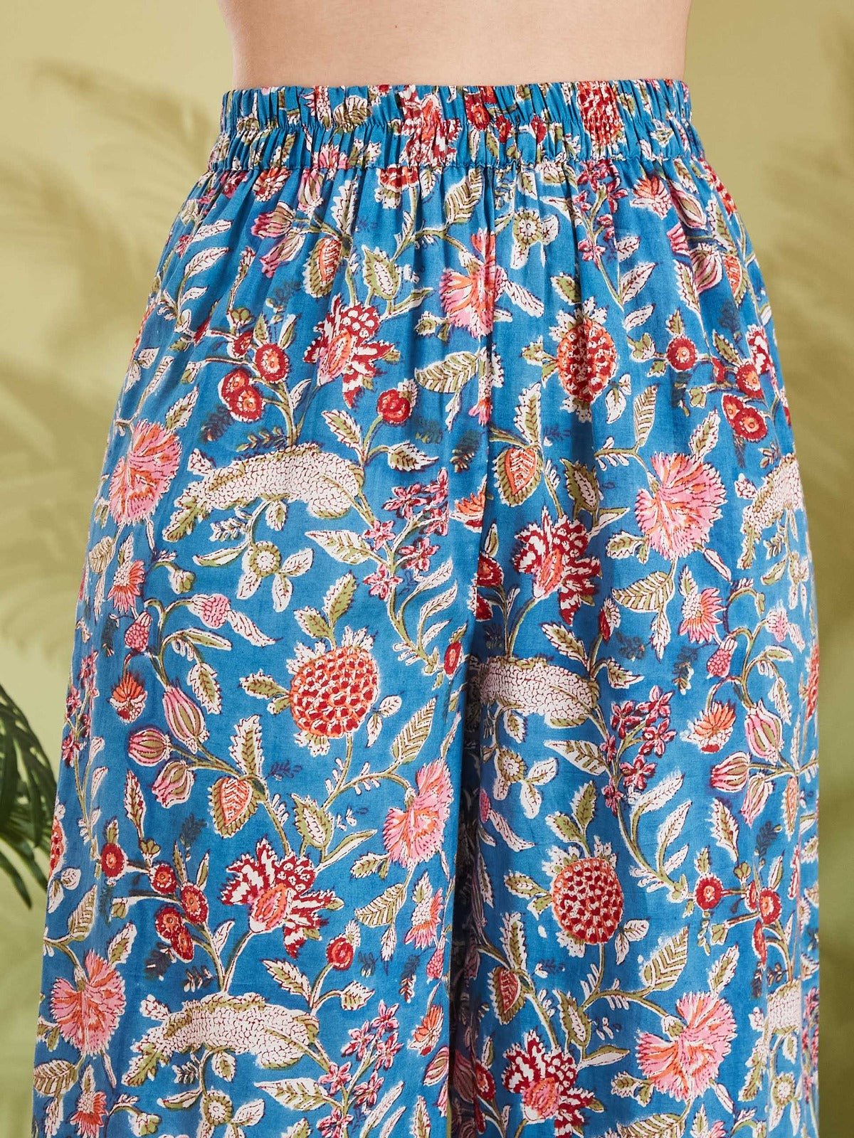 Women HandBlock Print Pure Cotton Sky Blue A-Line Kurta with Palazzo Set