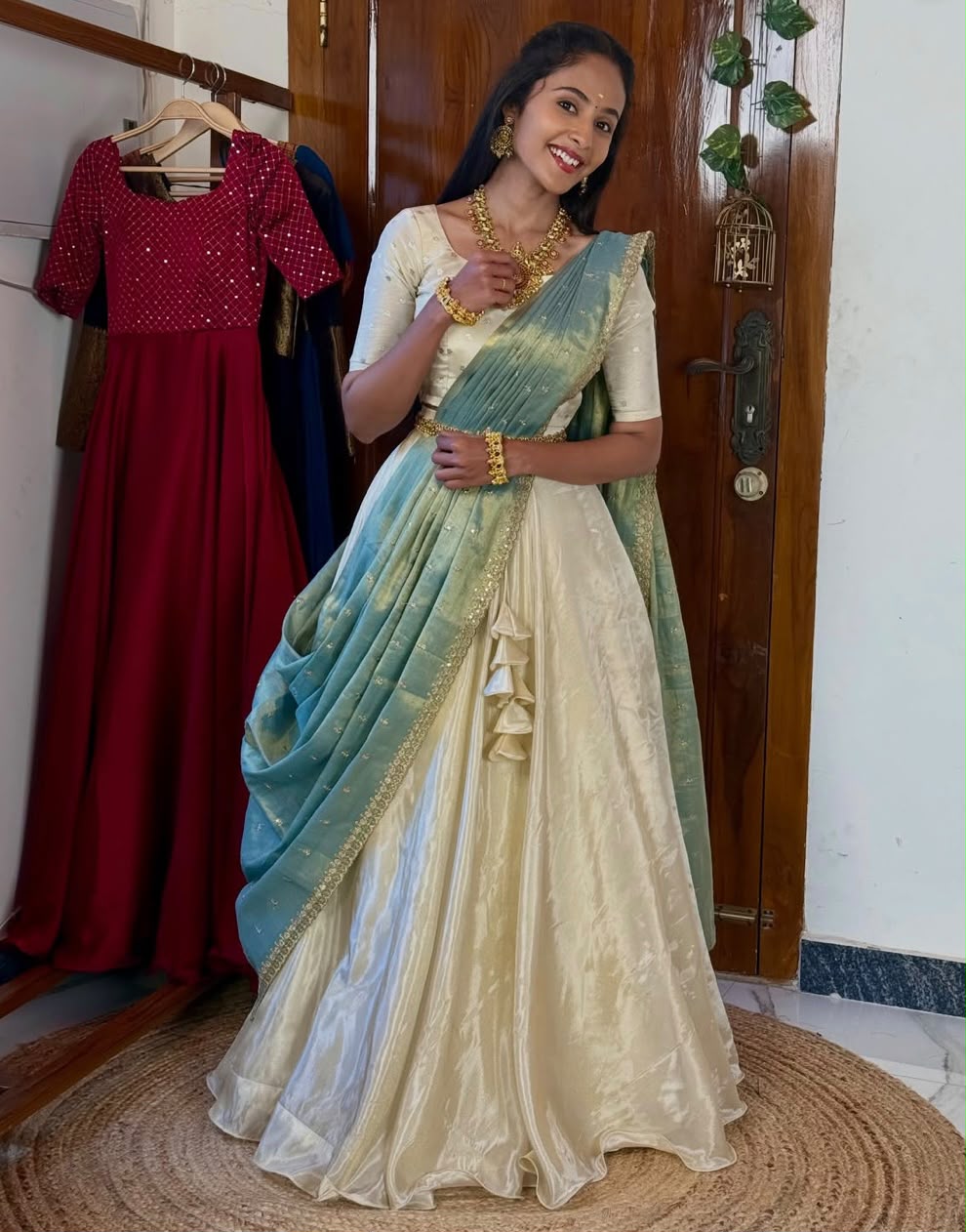 Off-White Chinon Silk Lehenga Set | Flared Festive Suit with Tissue Dupatta