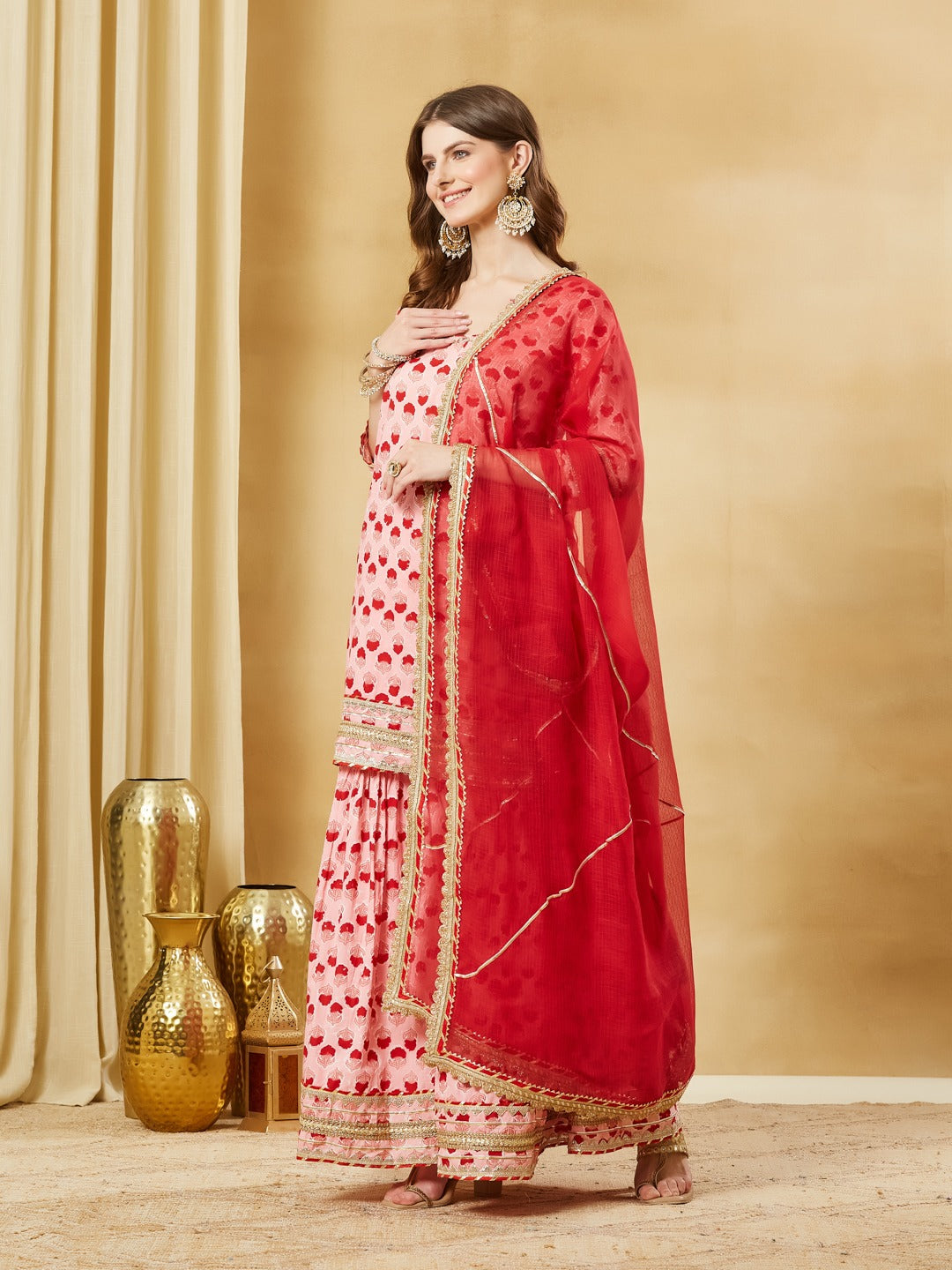 Pink Hand Block Kurta Sharara Set with Dupatta