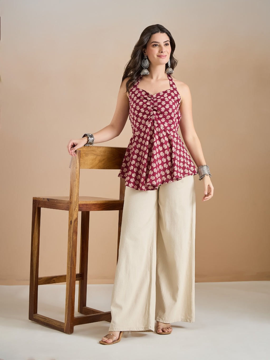 Women Wine Floral Print Pure Cotton Halter Neck Peplum Top