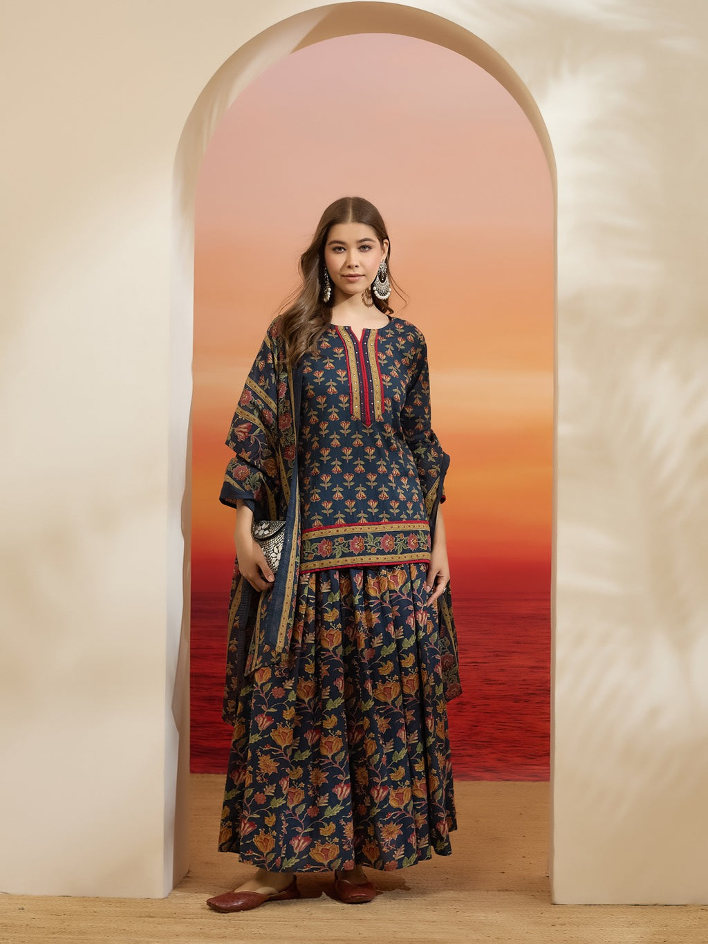 Floral & Botanical Printed Blue Cotton 3-Piece Kurti Skirt Dupatta Set