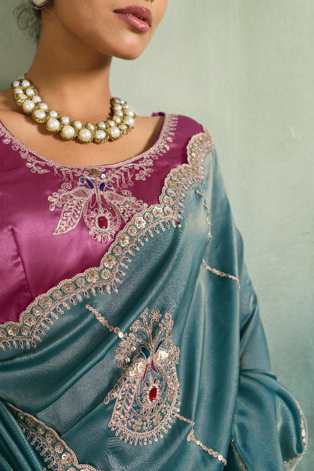 Premium Self-Stripe Giraffe Saree with Handcrafted Butta & Contrast Satin Blouse