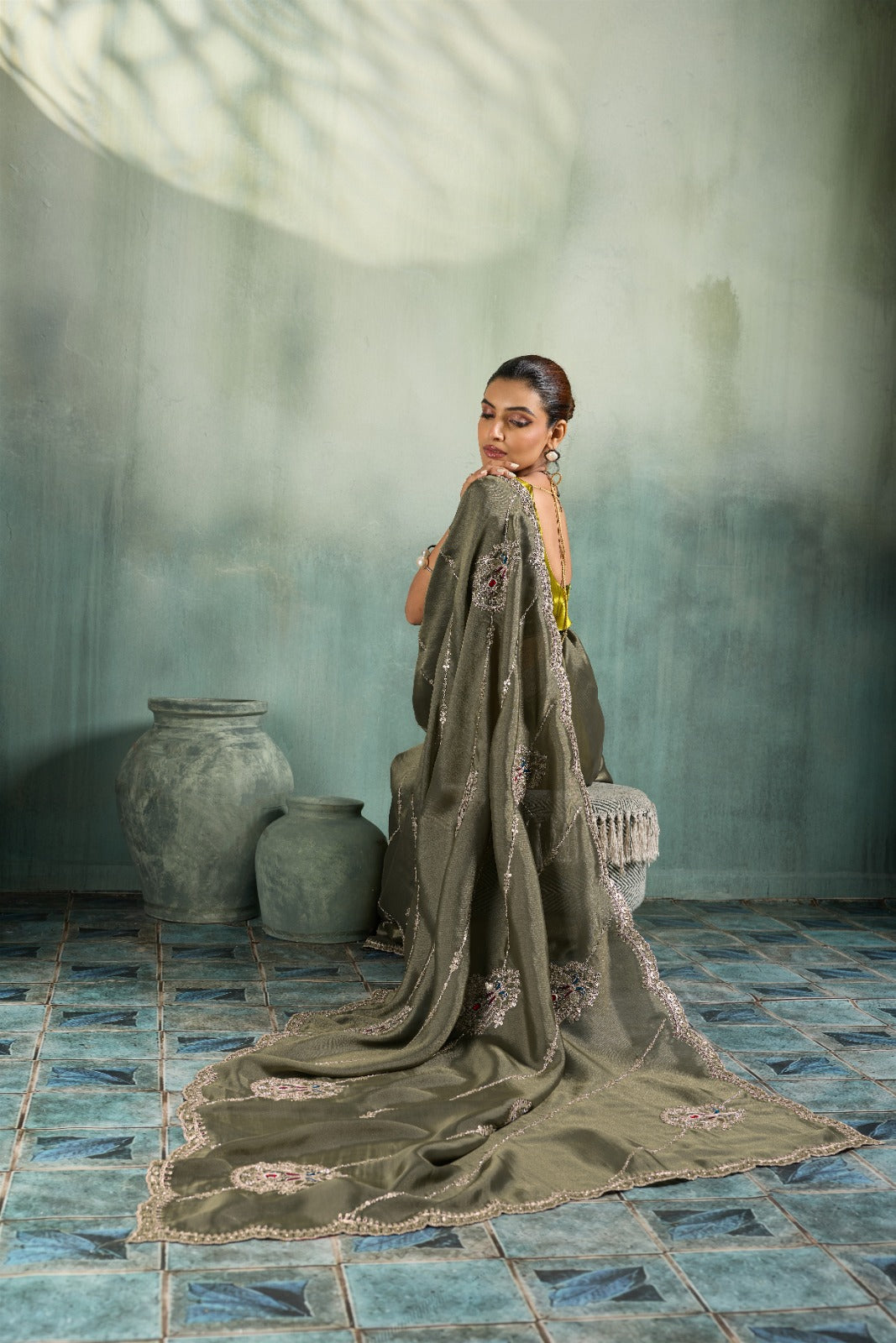 Premium Self-Stripe Giraffe Saree with Handcrafted Butta & Contrast Satin Blouse
