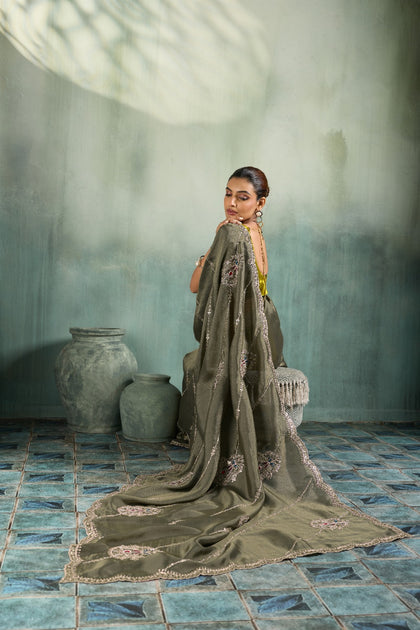 Premium Self-Stripe Giraffe Saree with Handcrafted Butta & Contrast Satin Blouse