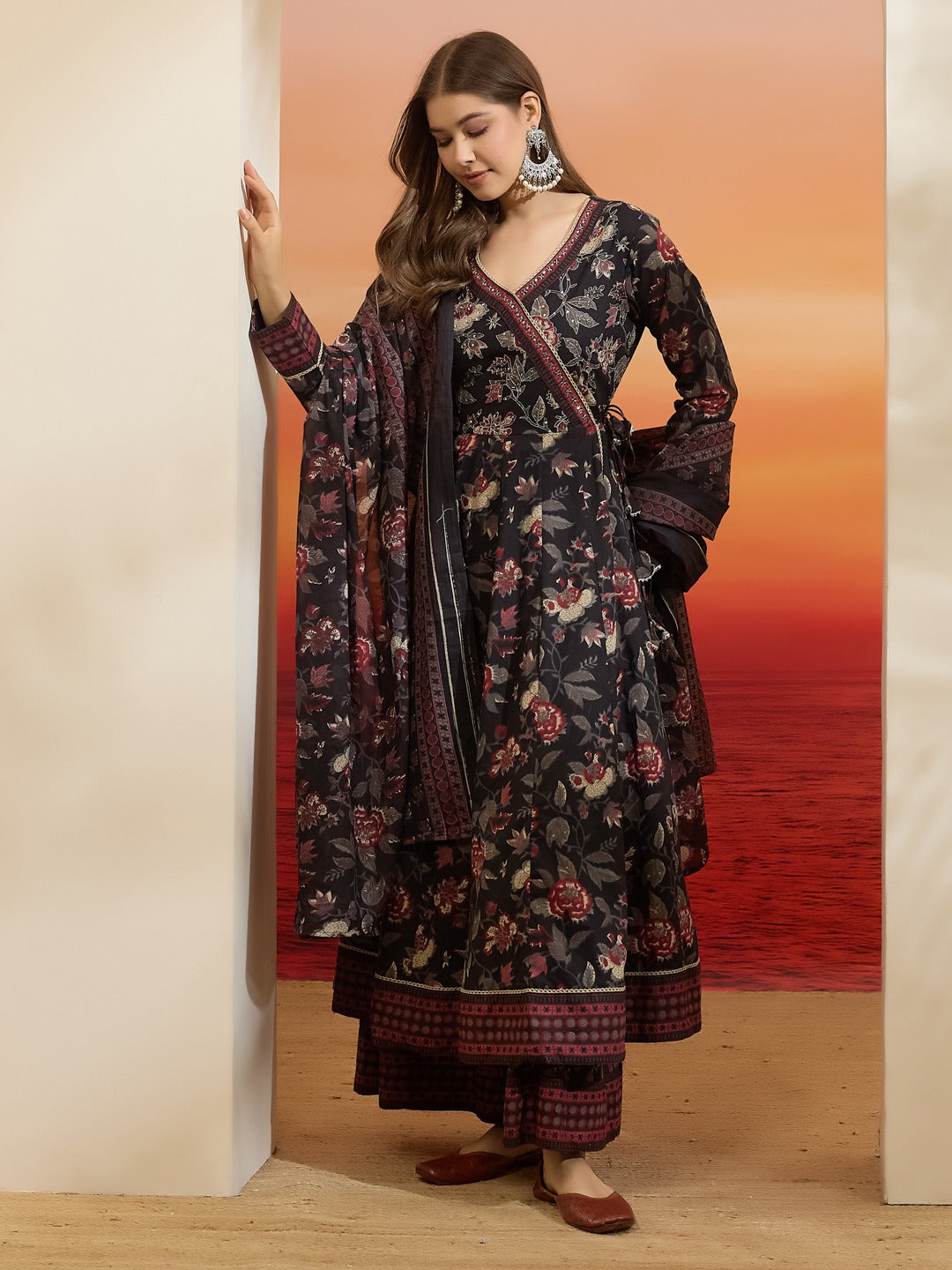 Elegant Black Floral Cotton Anarkali Set with Latkans & Dupatta