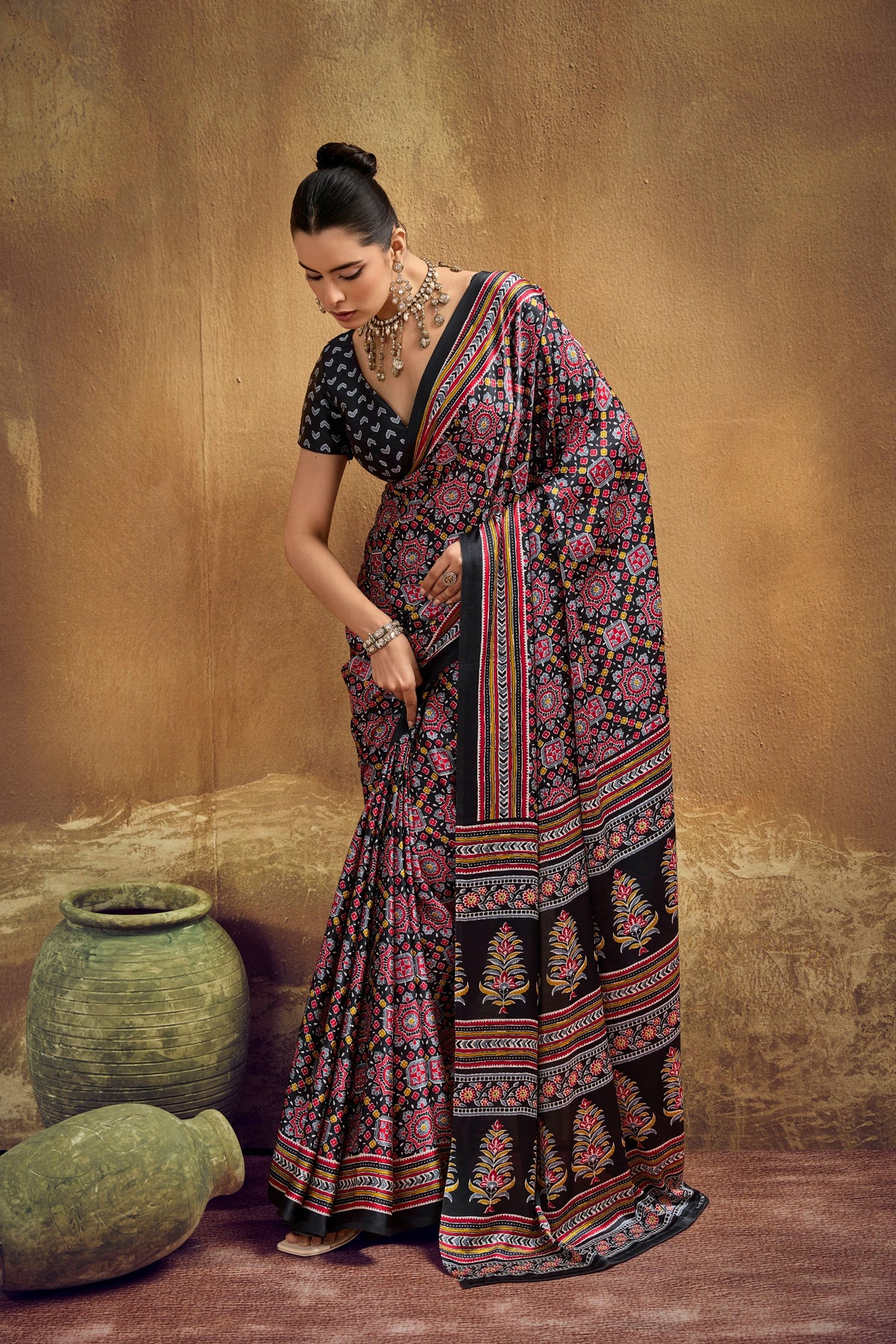Ajrakh Printed Modal Satin Sarees with Matching Blouse