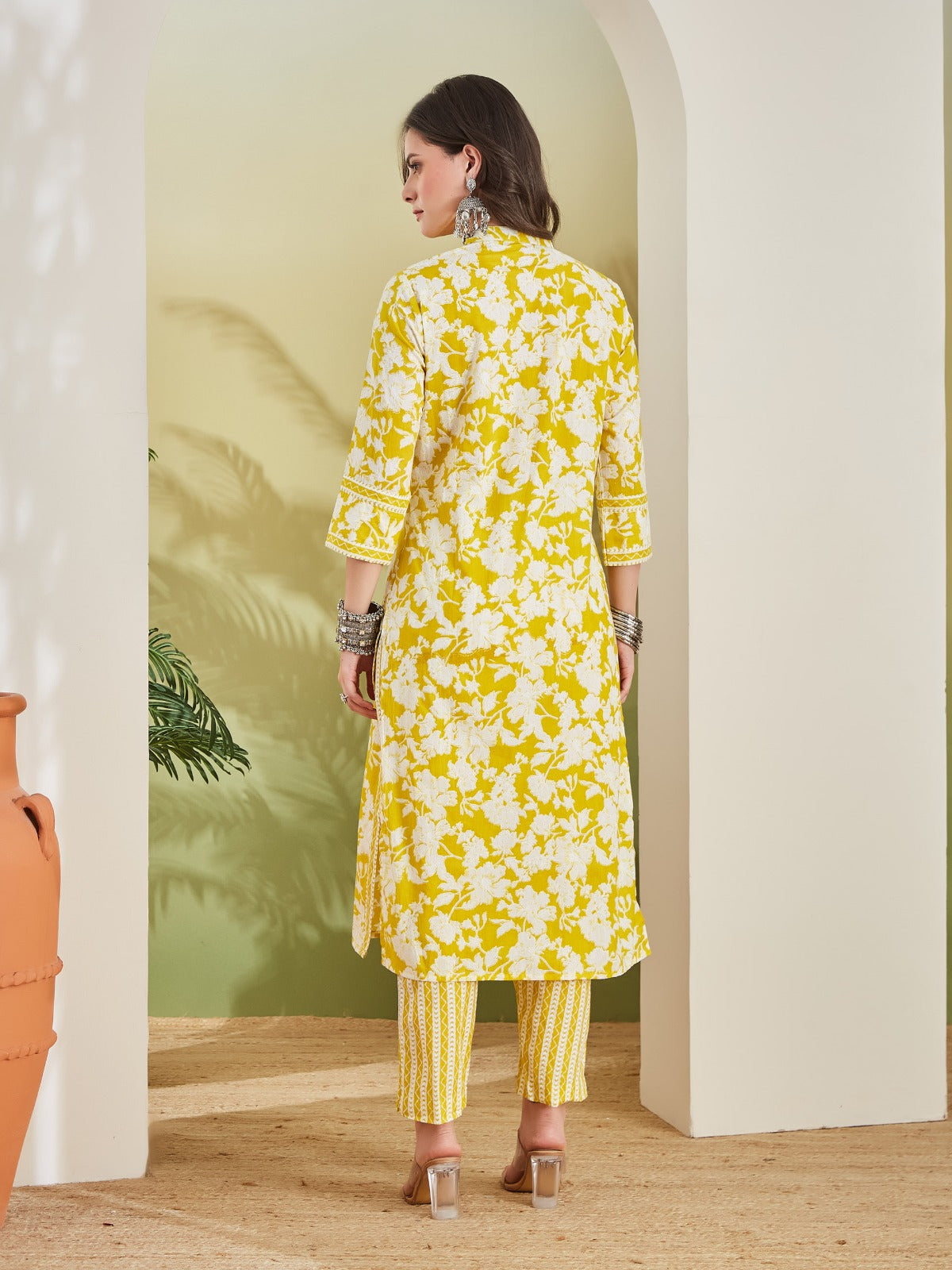 Floral Print Straight Fit Pure Cotton Yellow Kurta with Trousers
