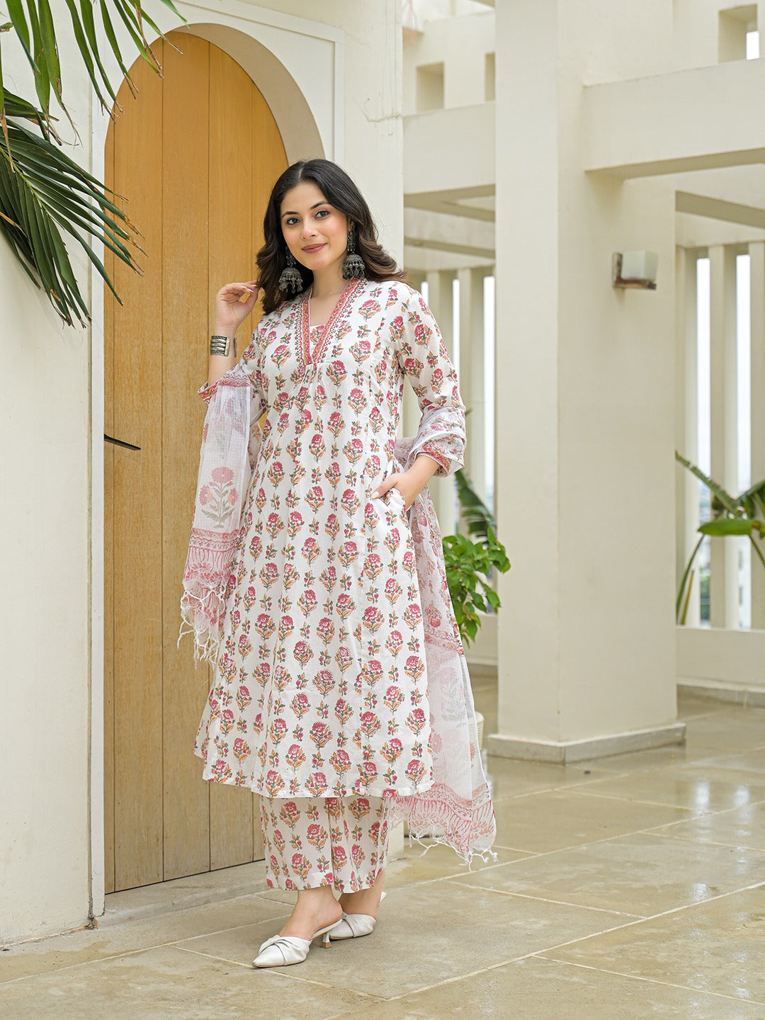 White Hand Block A-Line Kurta Pant Sets With Dupatta