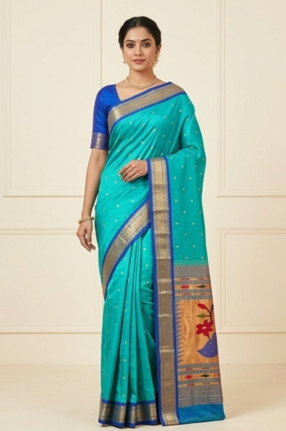 Pure Silk Handloom Paithani Saree in Turquoise with Fancy Peacock Pallu
