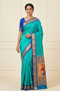 Pure Silk Handloom Paithani Saree in Turquoise with Fancy Peacock Pallu