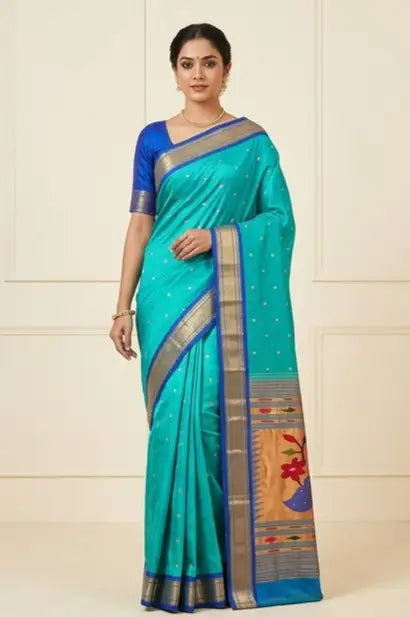 Woman wearing an elegant turquoise blue silk saree with gold zari border and traditional motifs.