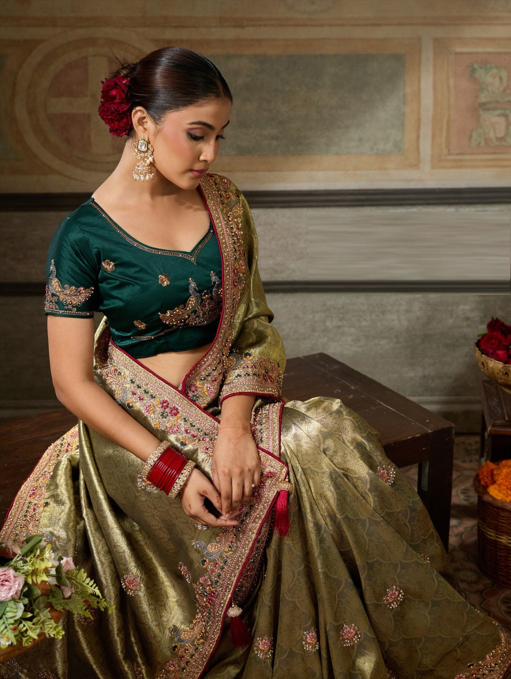 Designer Banarasi Silk Jacquard Saree with Zarkan & Pearl Handwork with Contrast Blouse
