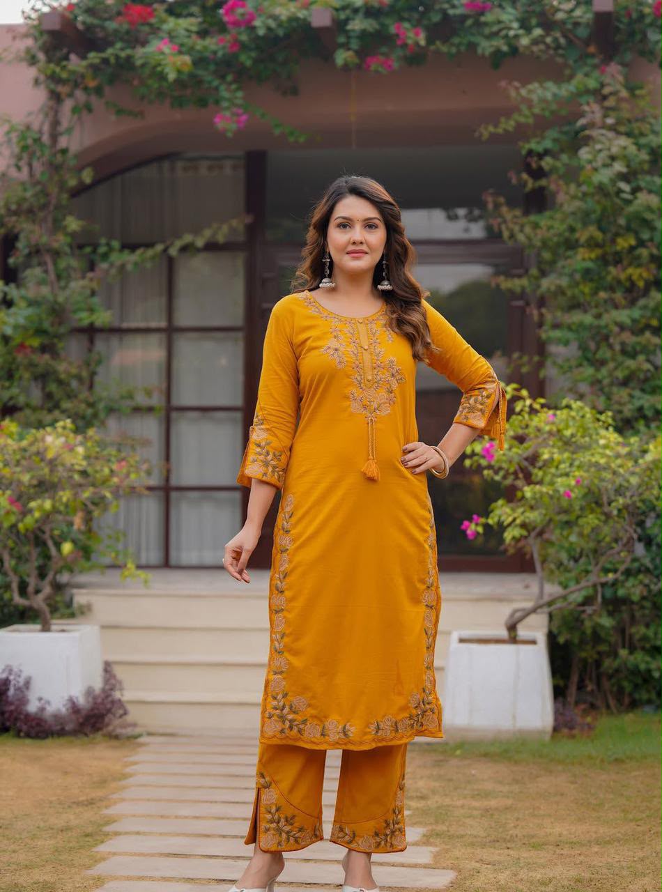 Heavy Embroidered Cotton Kurti Set with Embroidered Plazo, Pocket & Matching Dupatta