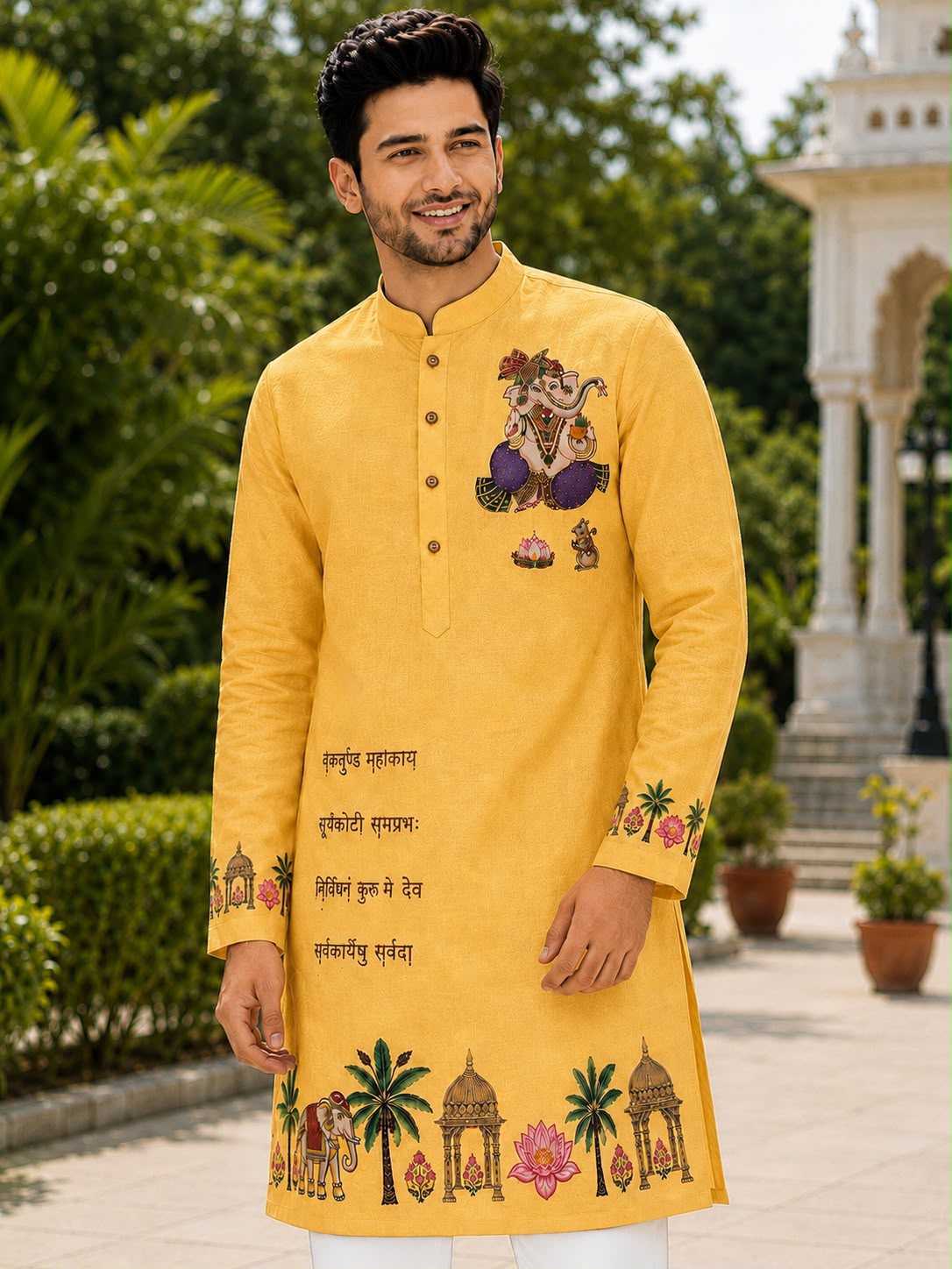 Man wearing a yellow ethnic kurta with Ganesha embroidery and traditional Indian motifs.