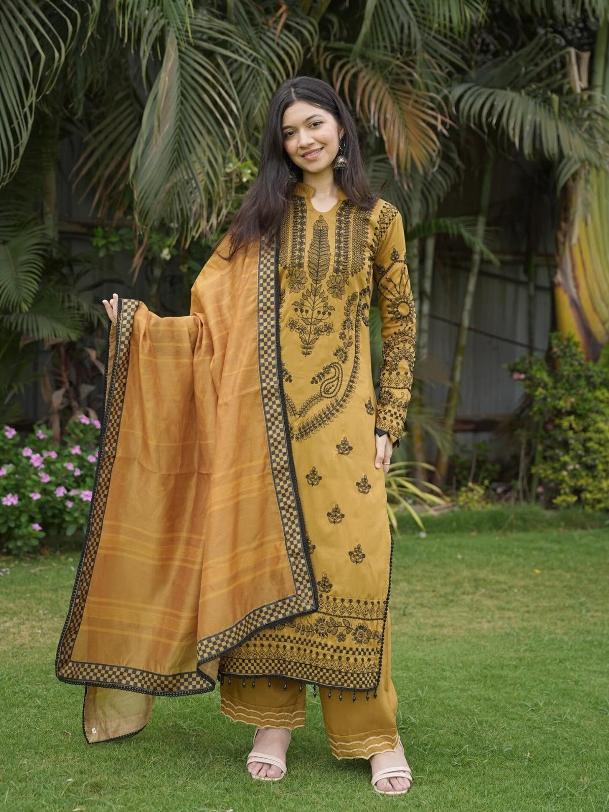 Elegance Redefined: Mustard Ochre Embroidered Muslin 3-Piece Set