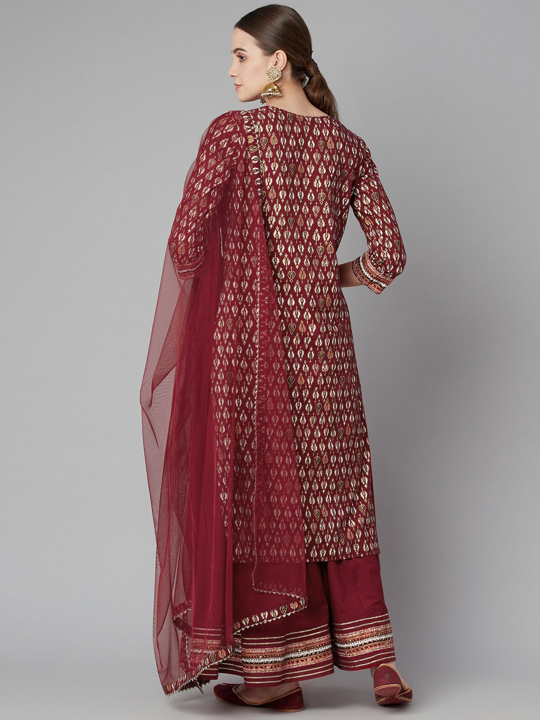 Maroon Gotta Patti Cotton Straight Kurta Palazzo Set with Sheer Net Dupatta