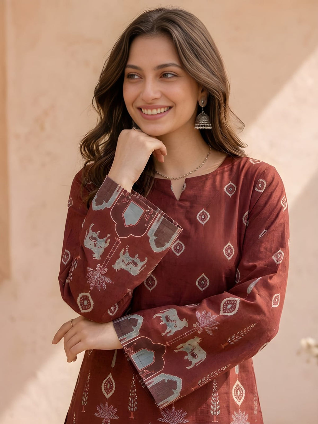 Effortless Elegance: Maroon Cotton Kalamkari Bell-Sleeve Tunic