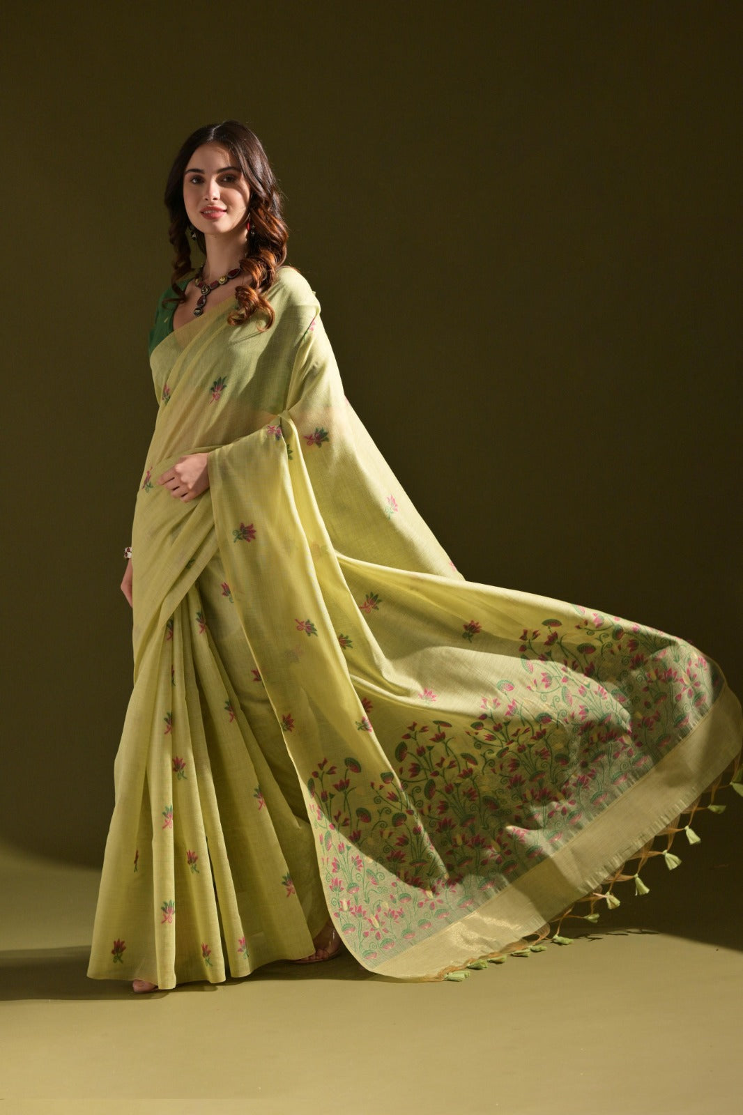 Designer Muga Cotton Saree – Intricate Resham Weave & Pichwai Inspired Motif