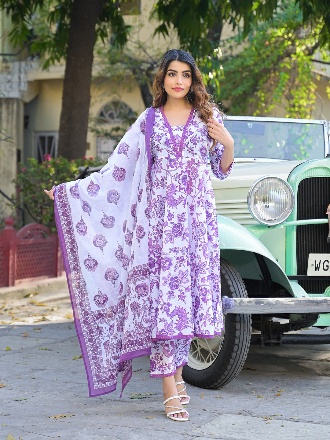 Floral Printed Anarkali Kurta with Trousers & Dupatta
