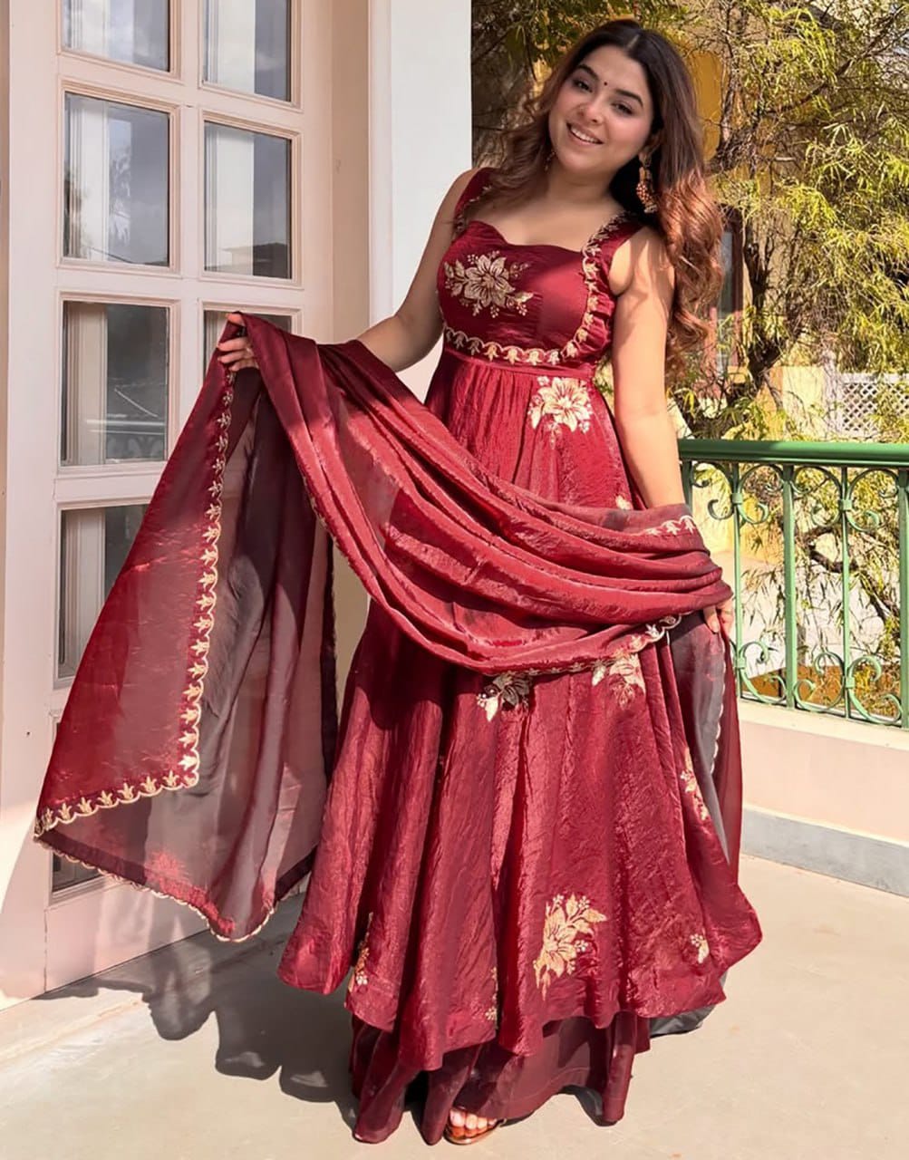 Regal Sophistication: Premium Fendy Silk Anarkali Set with Intricate Zari & Sequin Embroidery
