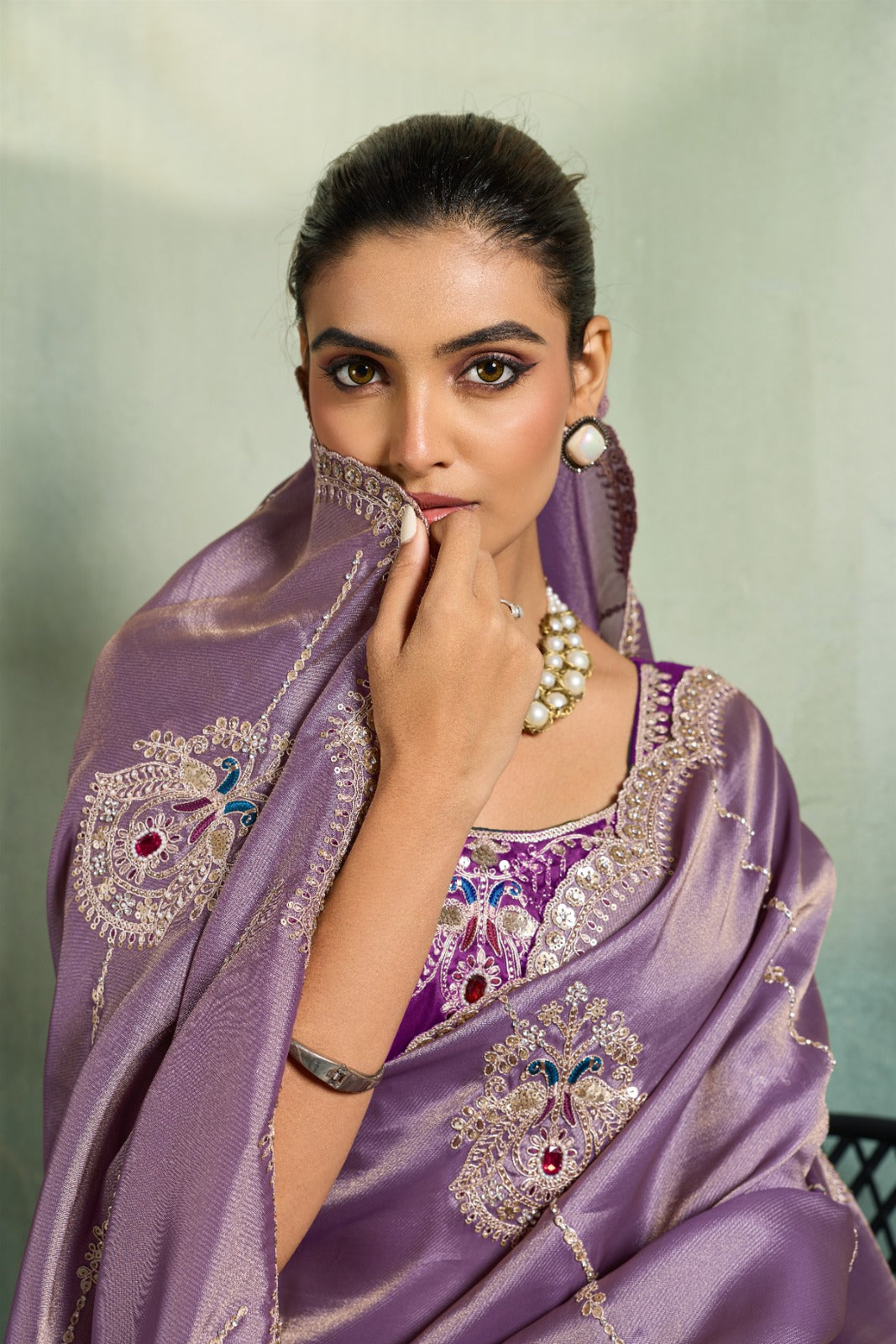 Premium Self-Stripe Giraffe Saree with Handcrafted Butta & Contrast Satin Blouse