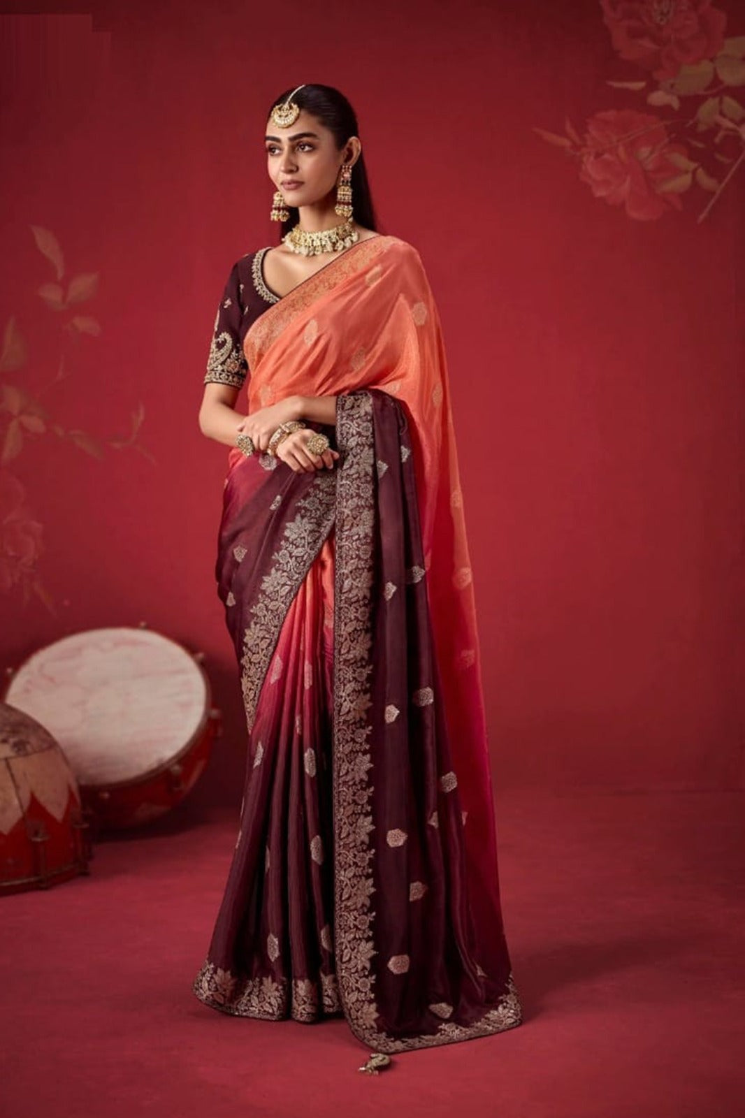 Ombré Dola Crape Silk Saree with Handcrafted Kundan Blouse