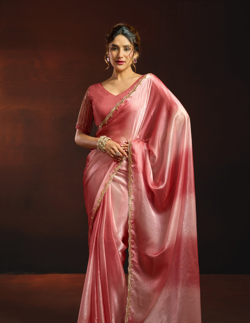 Dual-Tone Digital Shaded Fandy Satin Saree with Intricate Beadwork Border