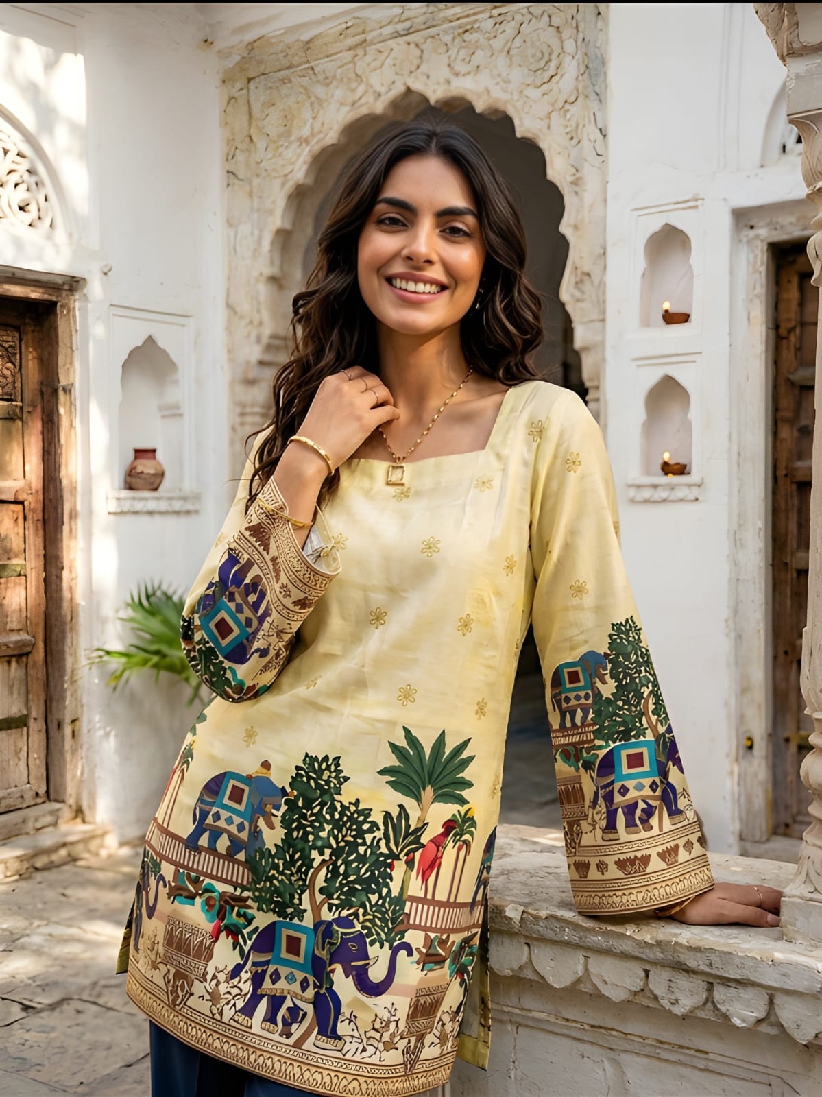 Radiant Heritage: Off-White Cotton Kalamkari Tunic with Yellow Glow