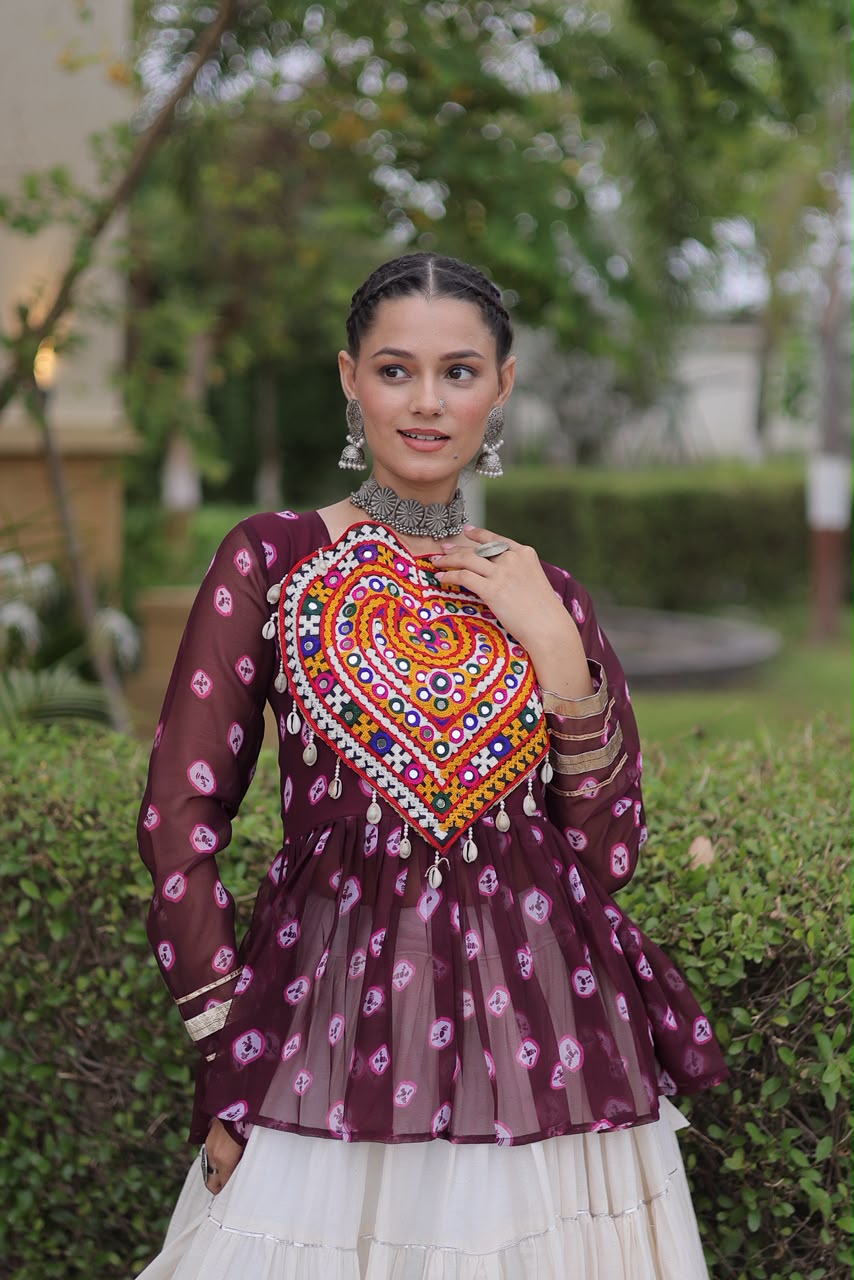 Kutchi Gamthi Patchwork Bandhani Top with Tiered Kora Cotton Lehenga