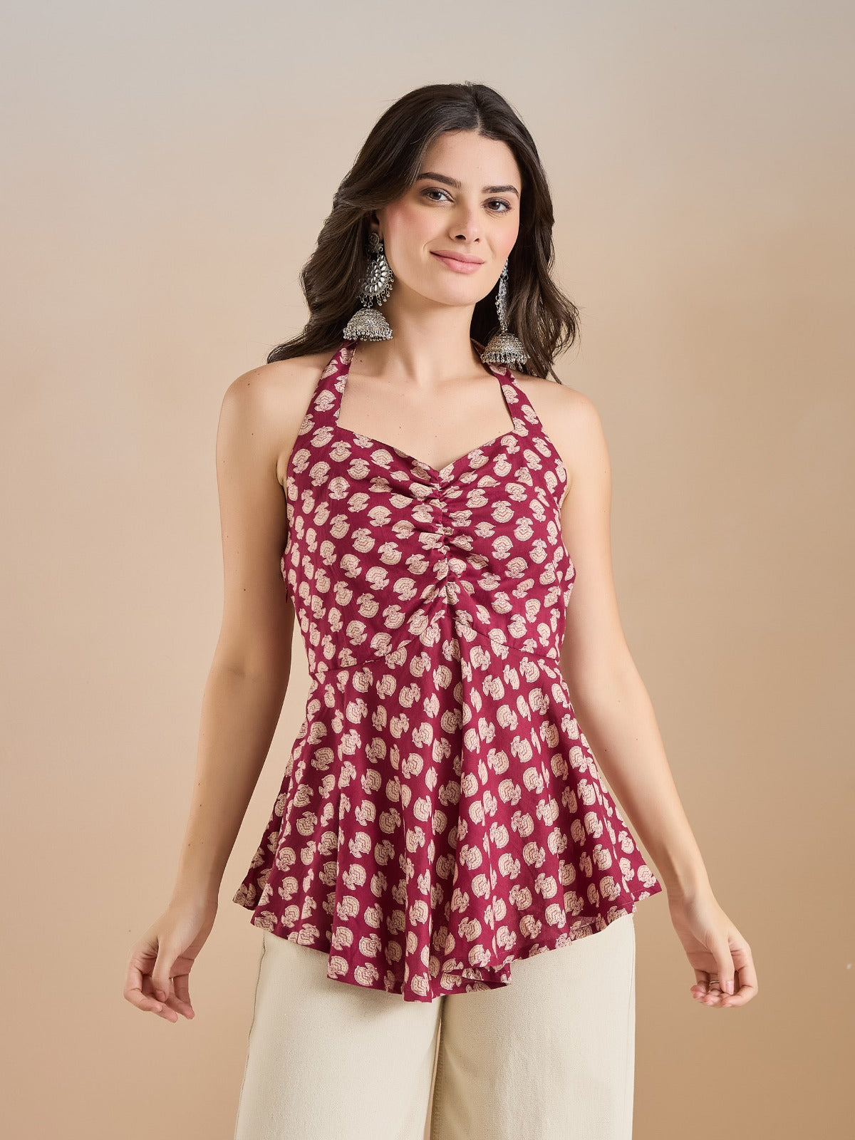 Women Wine Floral Print Pure Cotton Halter Neck Peplum Top