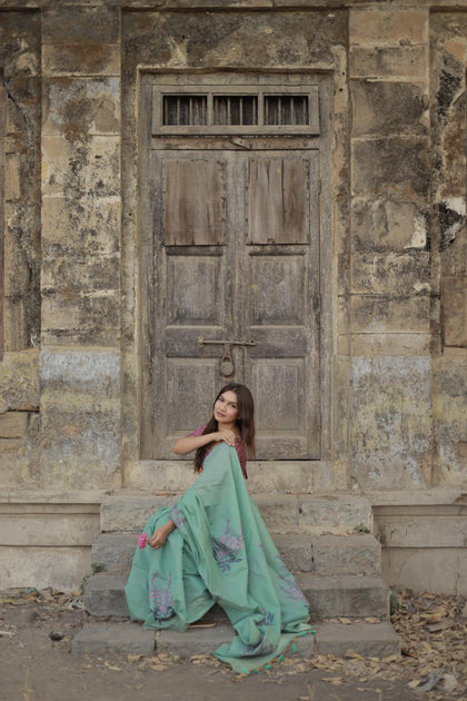 Premium Soft Muga Silk Saree with All-Over Floral Weaving & Contrast Blouse